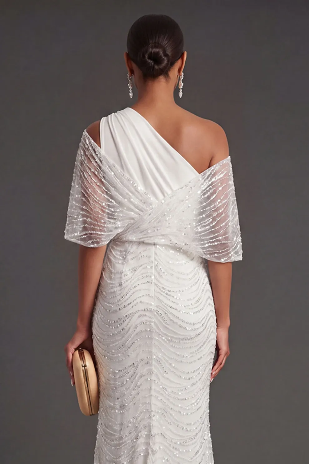 Beaded Sparkly White One Shoulder Long Formal Dress