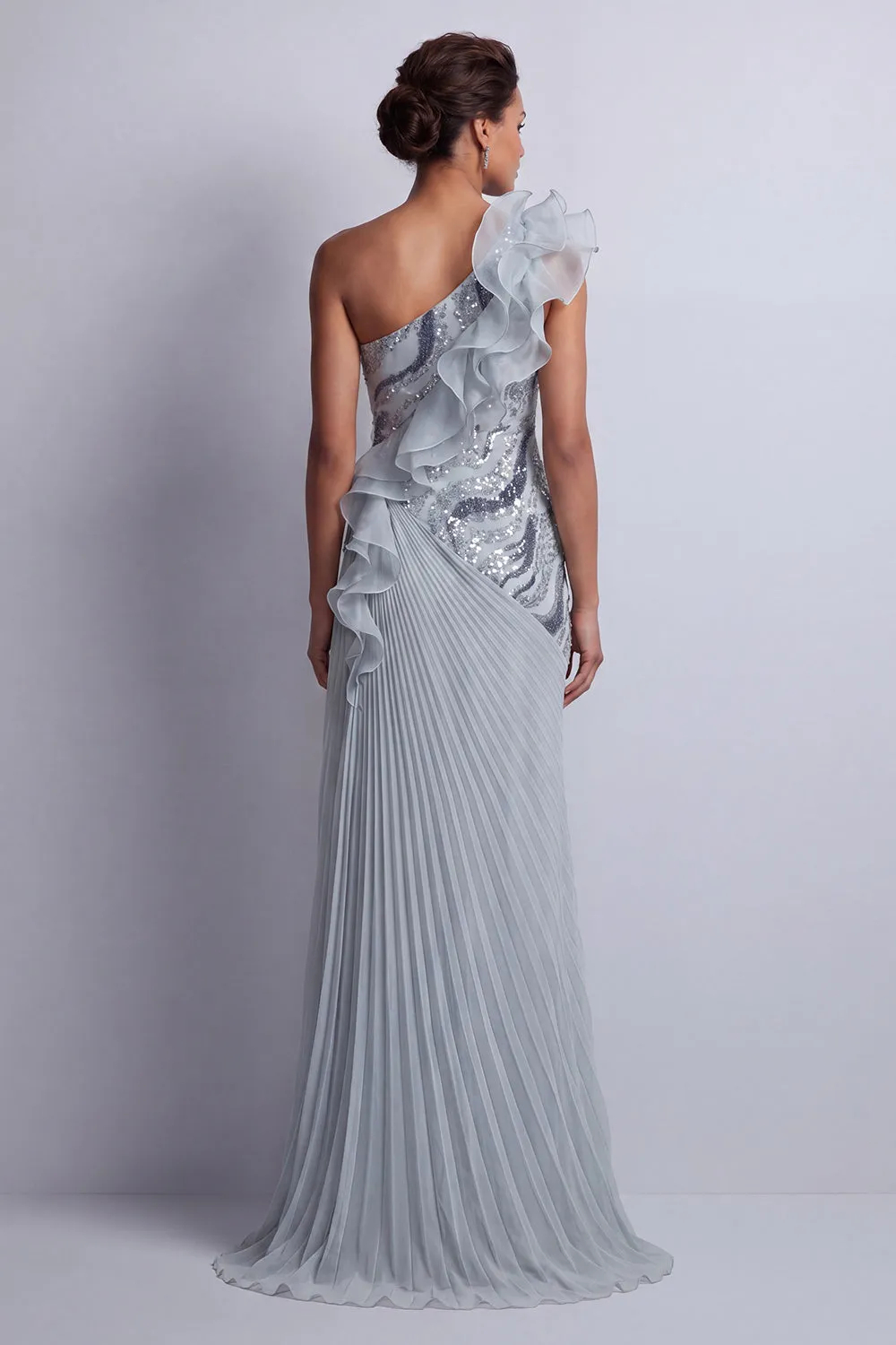 Sparkly Dusty Blue Sheath One Shoulder with Ruffles Maxi Dress