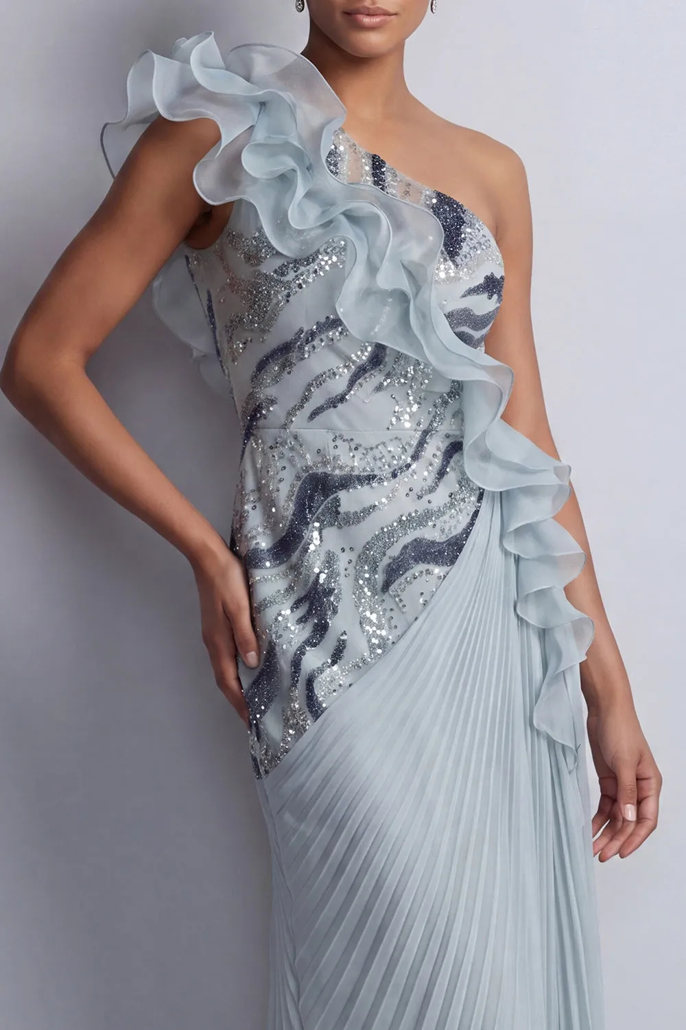 Sparkly Dusty Blue Sheath One Shoulder with Ruffles Maxi Dress