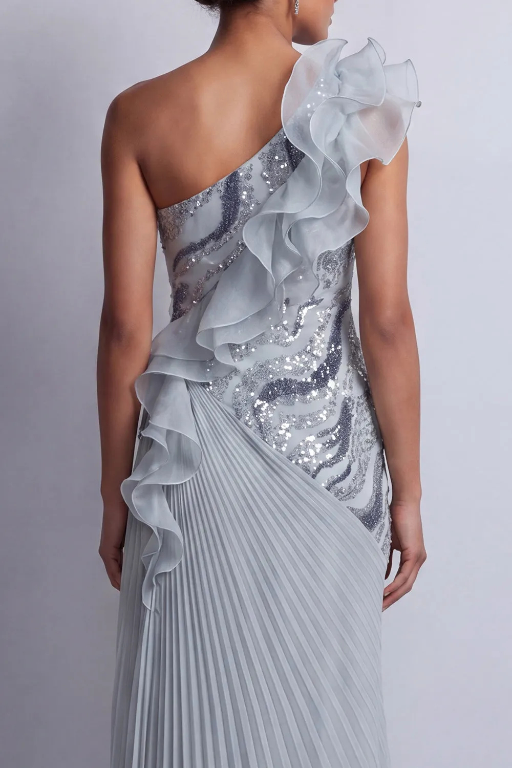 Sparkly Dusty Blue Sheath One Shoulder with Ruffles Maxi Dress