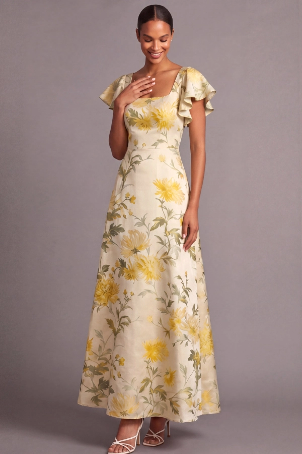 Light Yellow Floral Wedding Guest Dress Square Neck Satin A-Line Maxi Dress