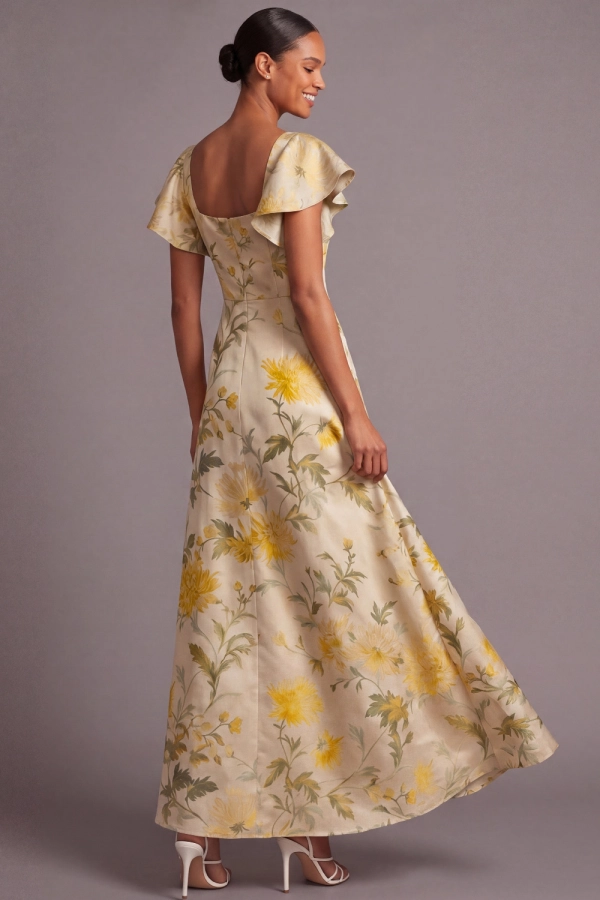 Light Yellow Floral Wedding Guest Dress Square Neck Satin A-Line Maxi Dress