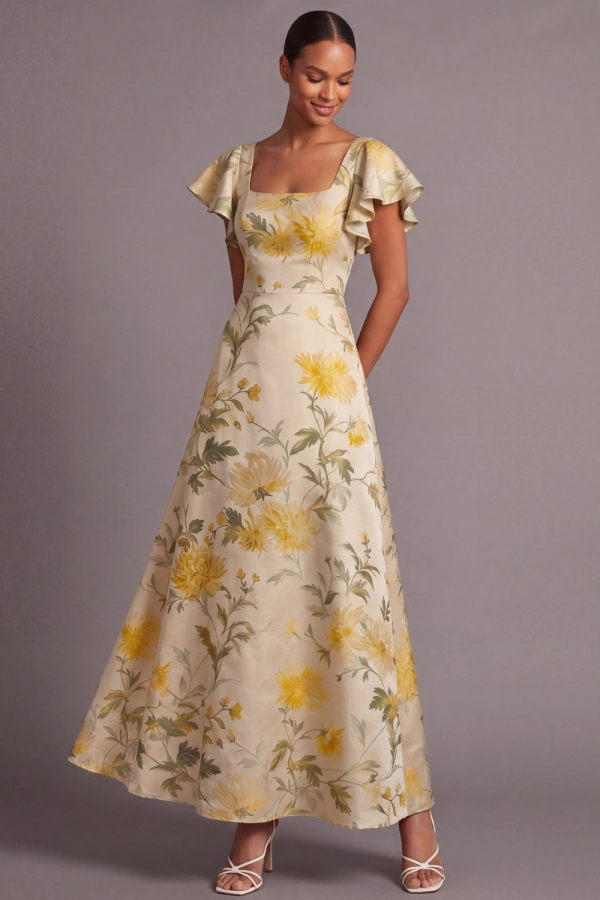 Light Yellow Floral Wedding Guest Dress Square Neck Satin A-Line Maxi Dress