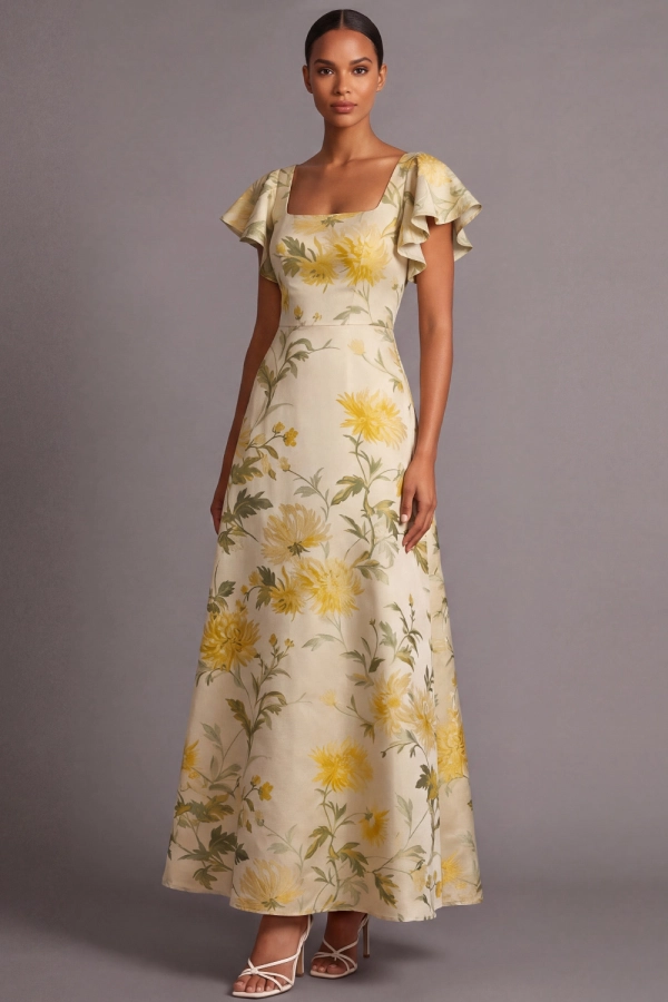 Light Yellow Floral Wedding Guest Dress Square Neck Satin A-Line Maxi Dress