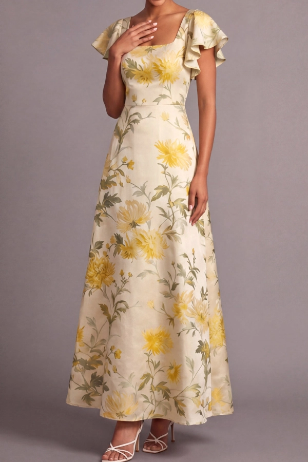 Light Yellow Floral Wedding Guest Dress Square Neck Satin A-Line Maxi Dress