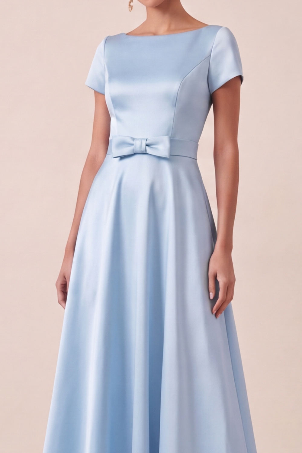 Light Blue A-Line Formal Dress Crew Neck Short Sleeves Satin Maxi Dress