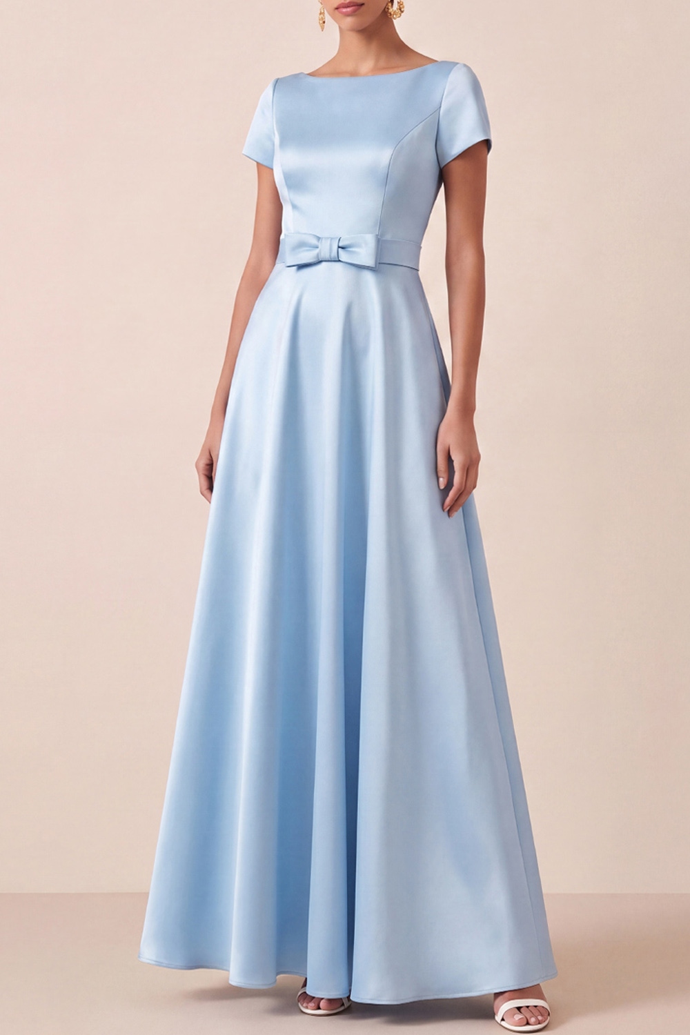 Light Blue A-Line Formal Dress Crew Neck Short Sleeves Satin Maxi Dress