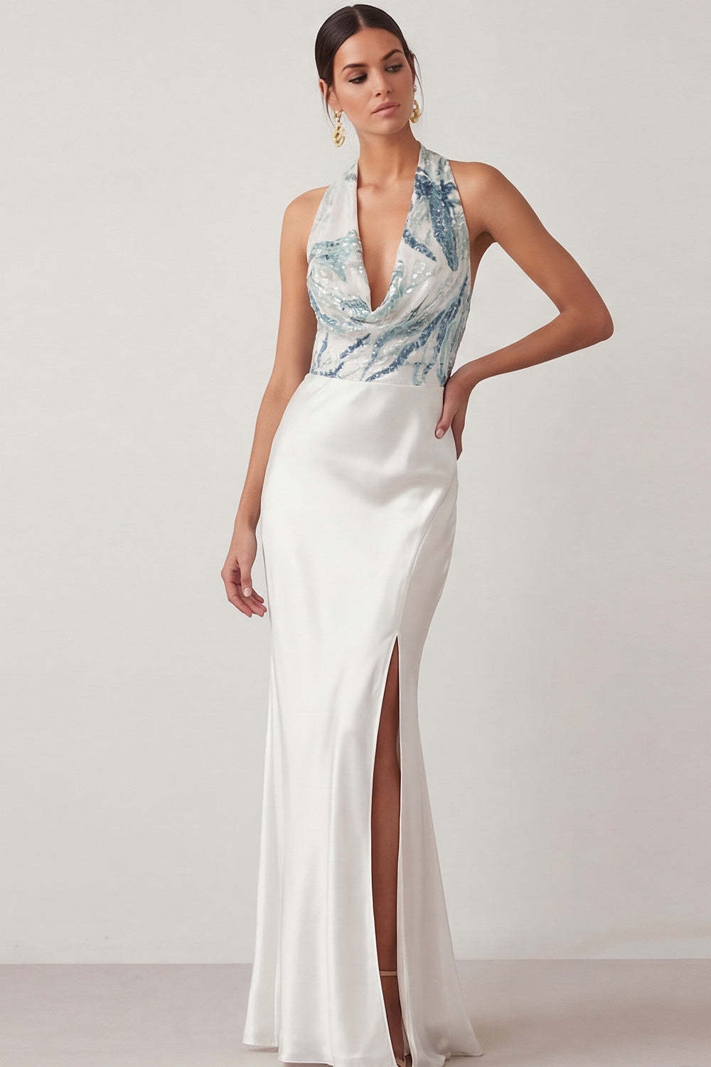 Mermaid White Cowl Neck Long Formal Dress with Sequins