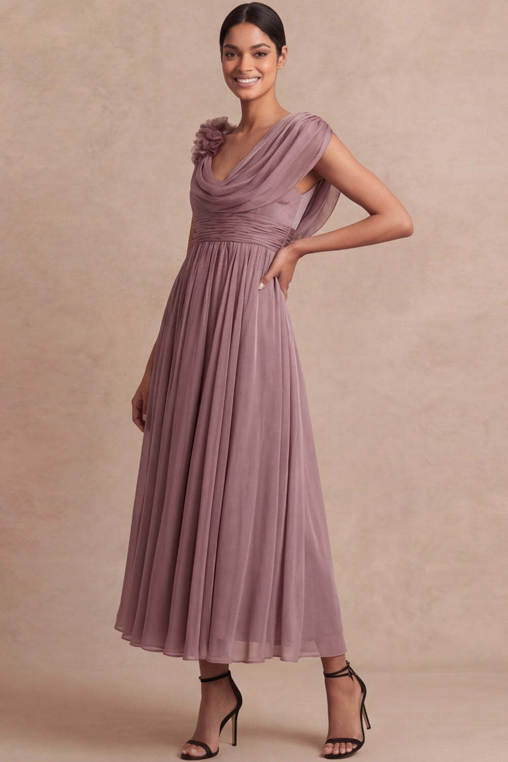 Vintage Rose Cowl Neck A Line Long Formal Dress with Flower