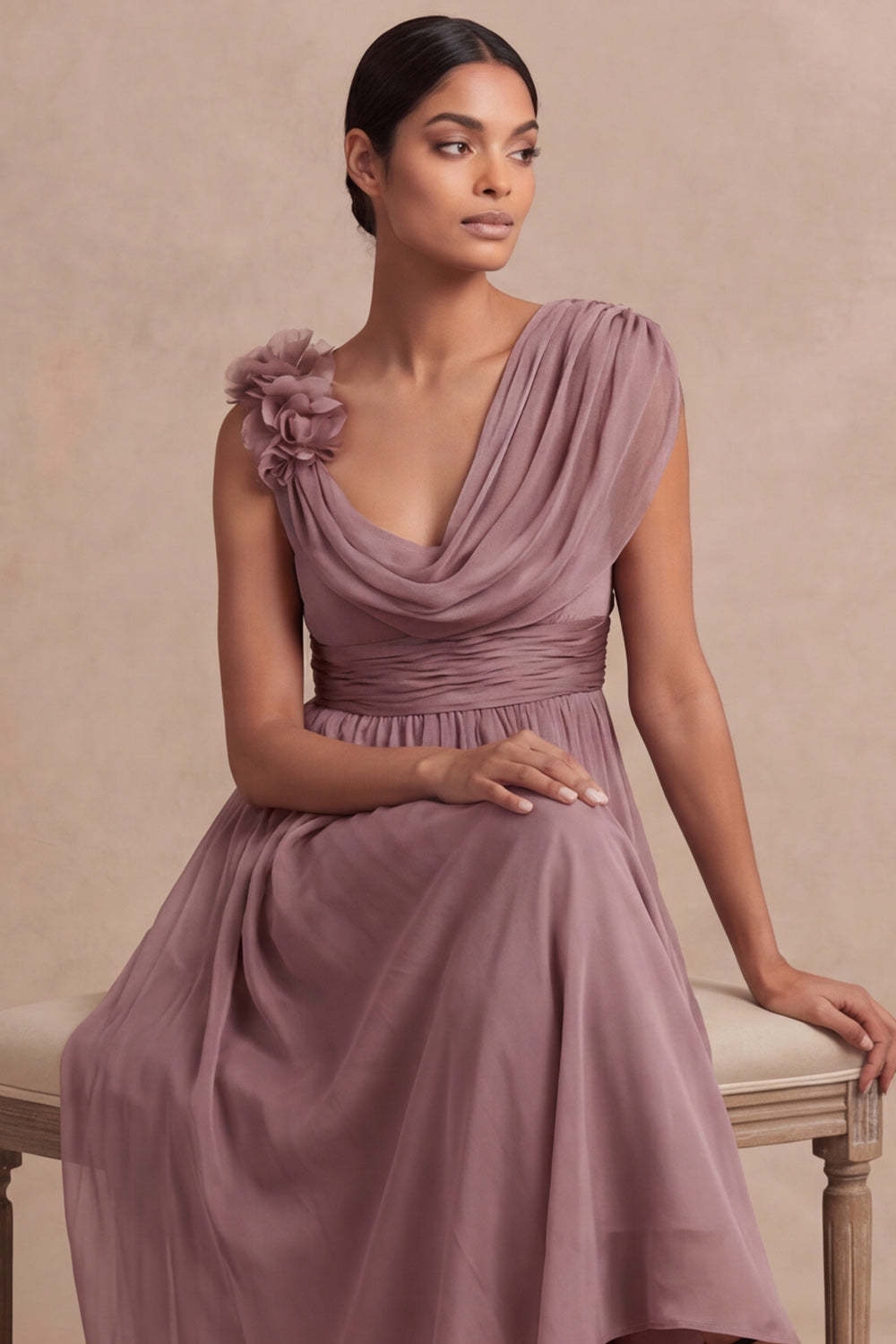 Vintage Rose Cowl Neck A Line Long Formal Dress with Flower