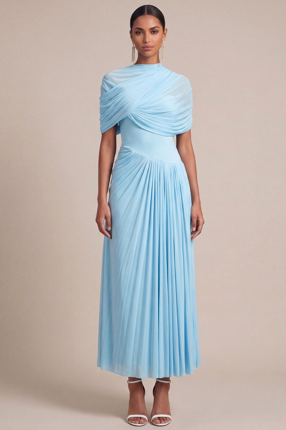 Light Blue Formal Dress A-Line Asymmetrical Pleated Maxi Dress