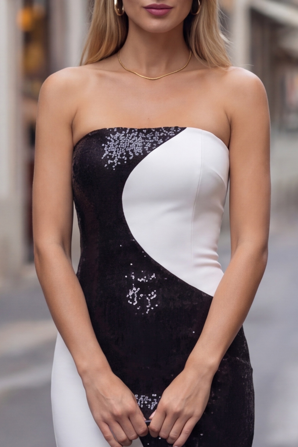 Black and White Party Cocktail Dress​​ Strapless Bodycon Midi Dress