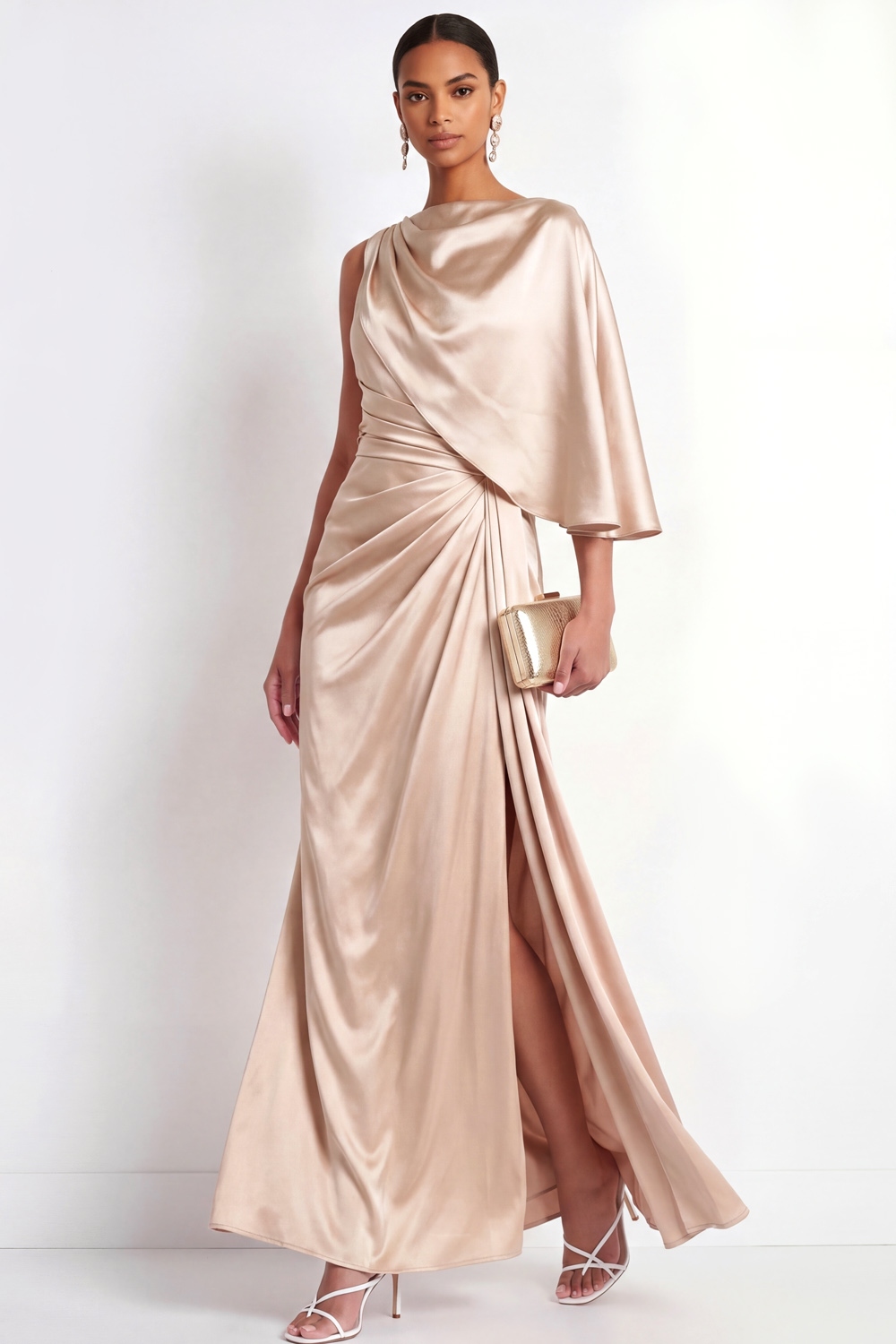 Champagne Mermaid Formal Dress Ruched Satin Maxi Dress with Slit