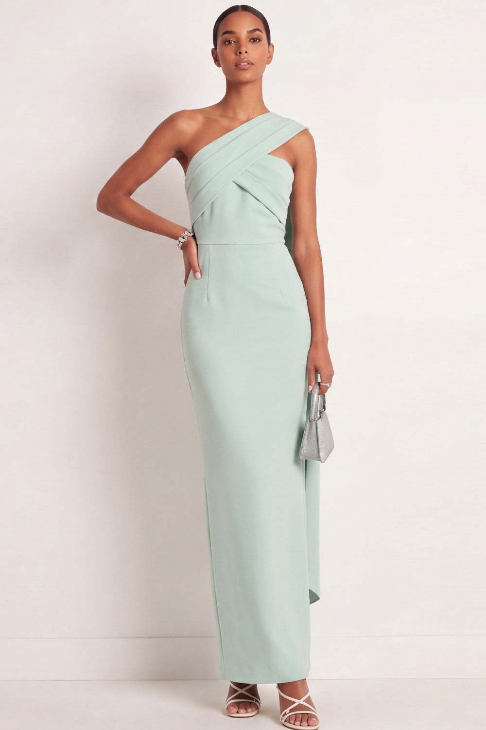 Mint Green One Shoulder Sheath Maxi Formal Dress with Ribbon