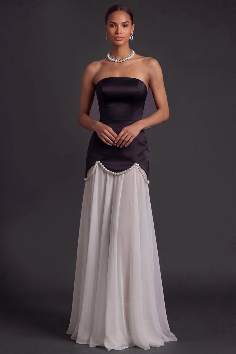 White Black Formal Evening Dress A-Line Strapless Maxi Dress with Beading