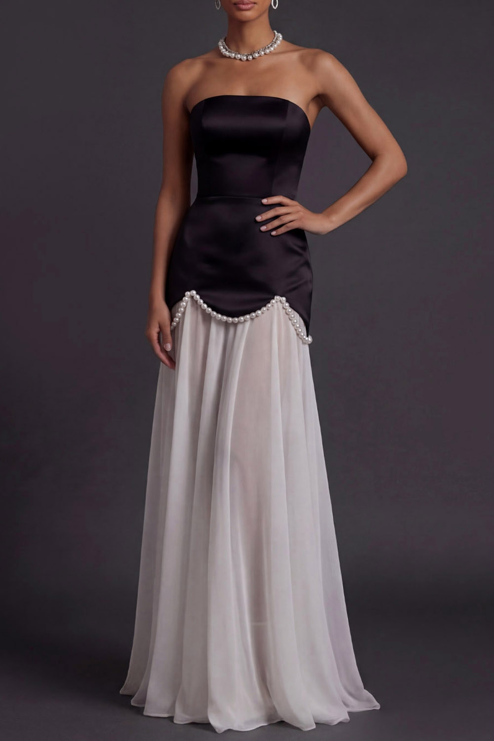 White Black Formal Evening Dress A-Line Strapless Maxi Dress with Beading