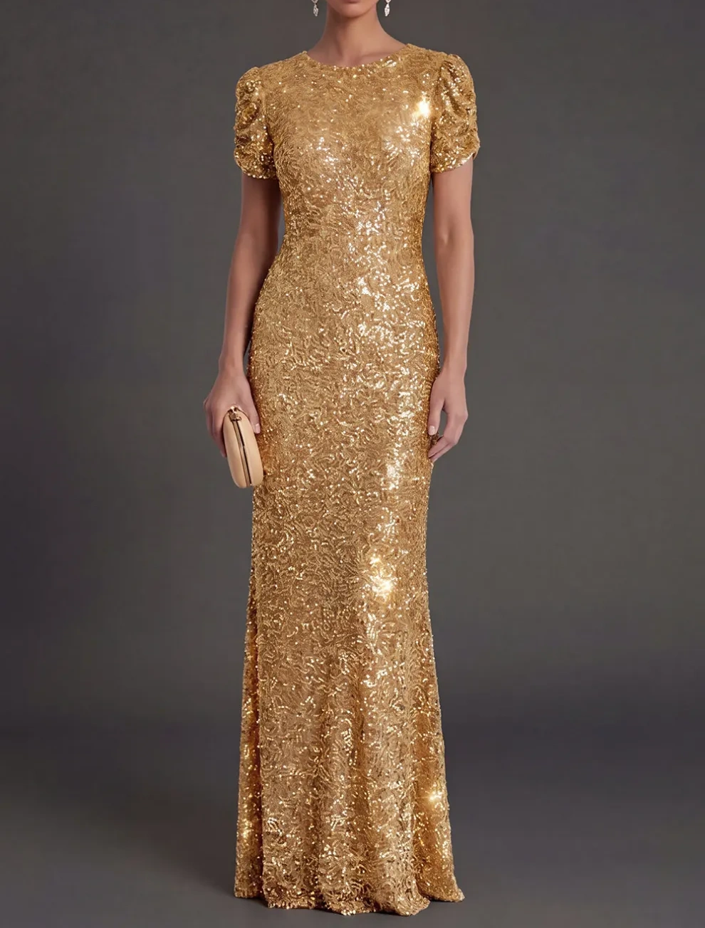 Sparkly Golden Mermaid Maxi Wedding Guest Dress with Sleeves