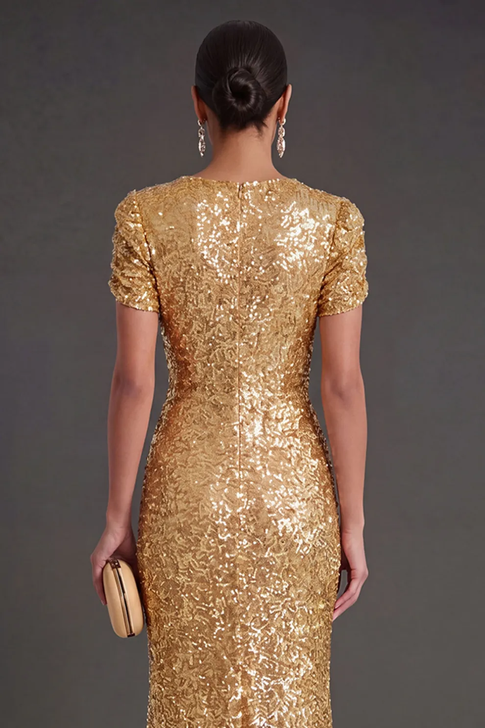 Sparkly Golden Mermaid Maxi Wedding Guest Dress with Sleeves