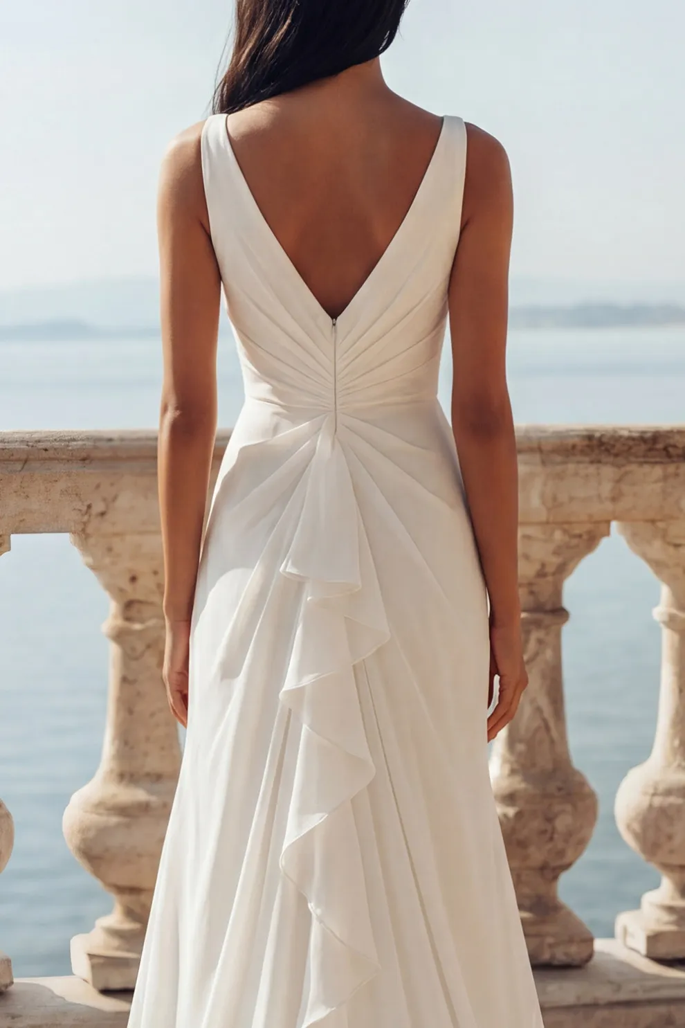 White Mermaid V-Neck Ruffled Swep Train Beach Wedding Dress with Slit