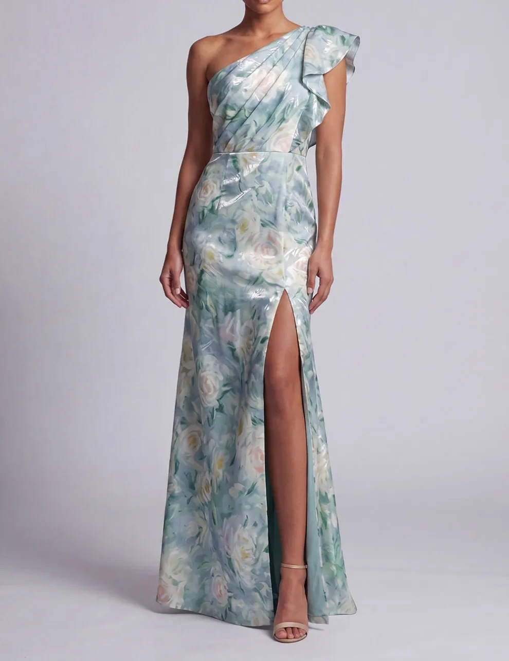 Light Green Floral Ruffled Mermaid Maxi Wedding Guest Dress with Slit
