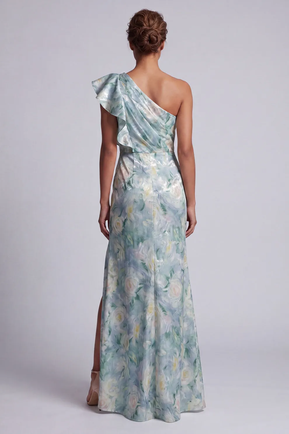Light Green Floral Ruffled Mermaid Maxi Wedding Guest Dress with Slit