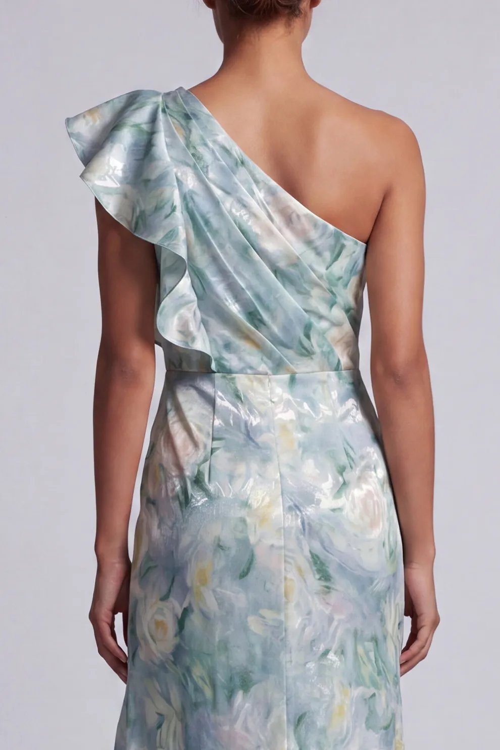 Light Green Floral Ruffled Mermaid Maxi Wedding Guest Dress with Slit