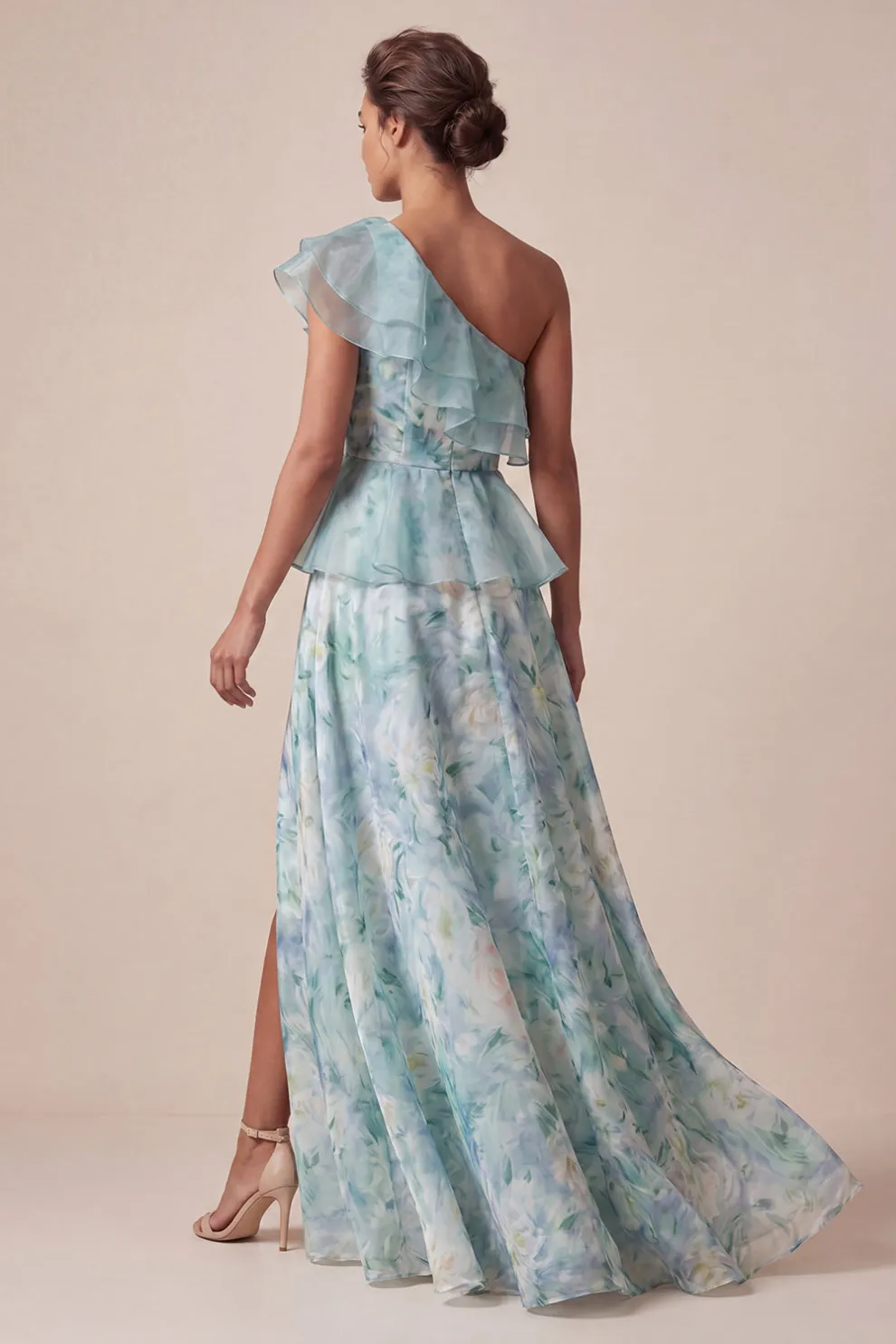 Light Green Floral One Shoulder Ruffled Maxi Wedding Guest Dress with Slit