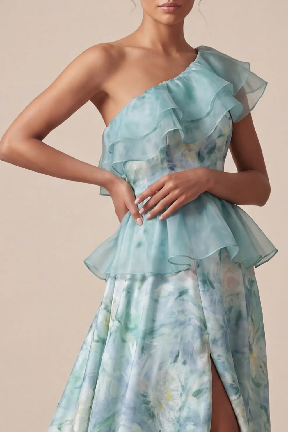 Light Green Floral One Shoulder Ruffled Maxi Wedding Guest Dress with Slit