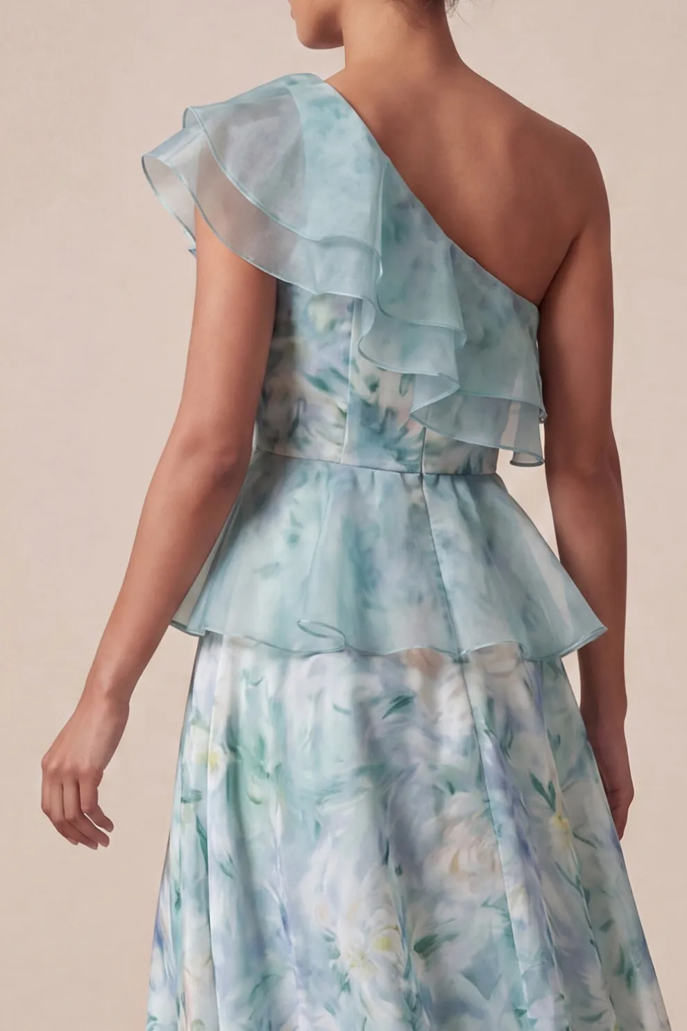 Light Green Floral One Shoulder Ruffled Maxi Wedding Guest Dress with Slit