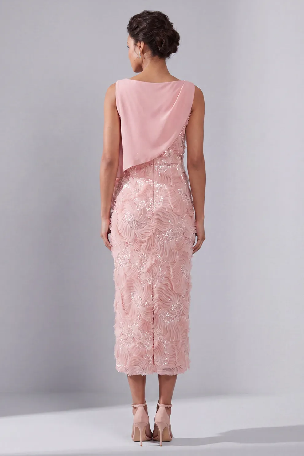 Blush Sheath Midi Beaded Boat Neck Wedding Guest Dress