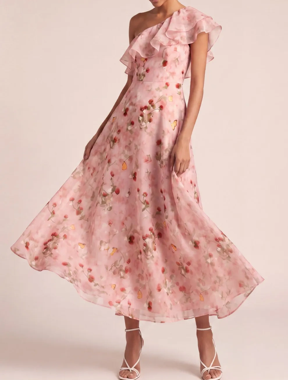 Pink Ruffled A Line Floral Long Wedding Guest Dress