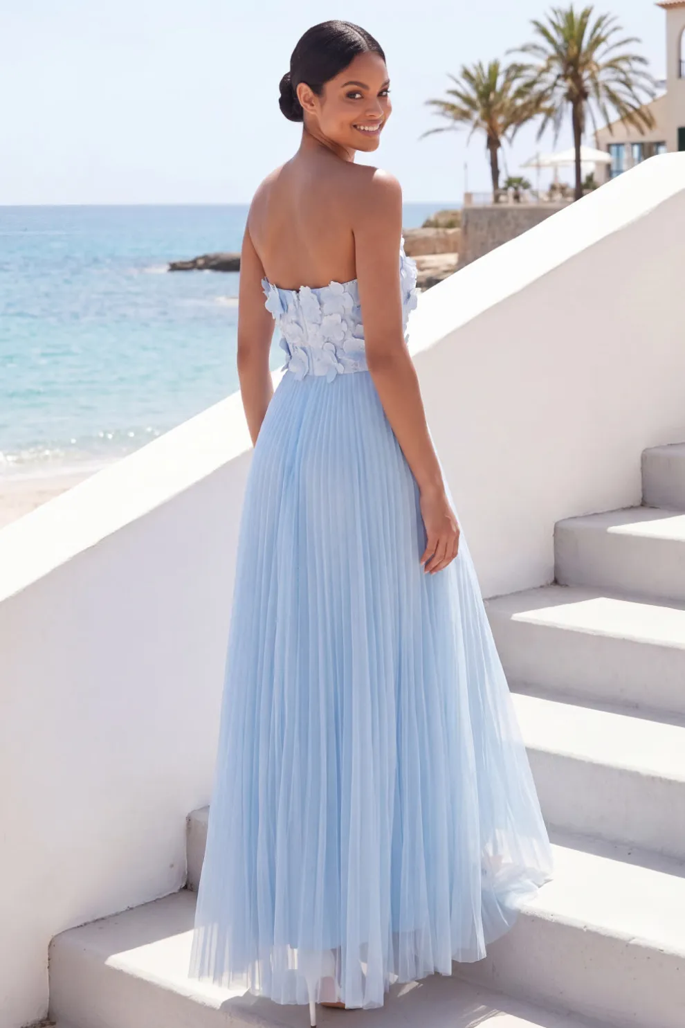 Light Blue Strapless Appliqued Pleated Maxi Beach Wedding Guest Dress