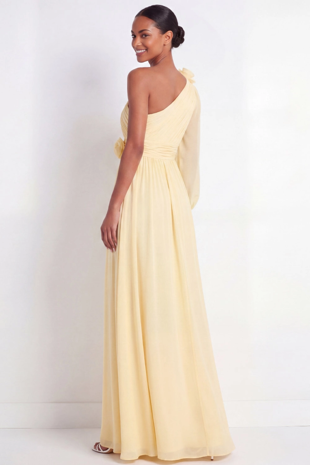 Light Yellow Formal ​Wedding Bridesmaid Dress One Shoulder Chiffon Maxi Dress