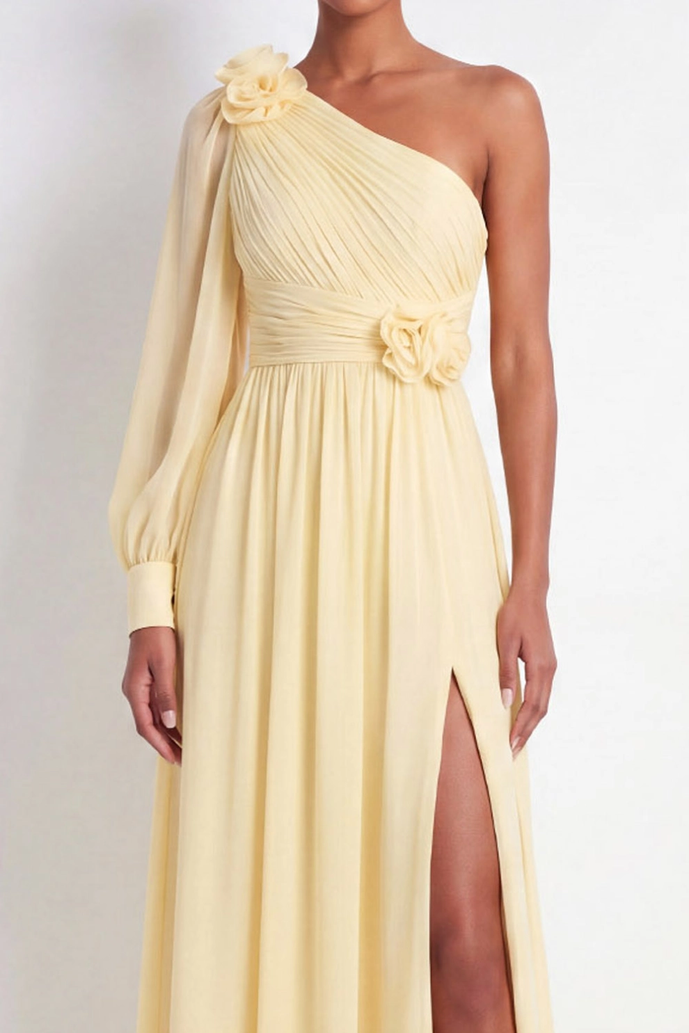 Light Yellow Formal ​Wedding Bridesmaid Dress One Shoulder Chiffon Maxi Dress