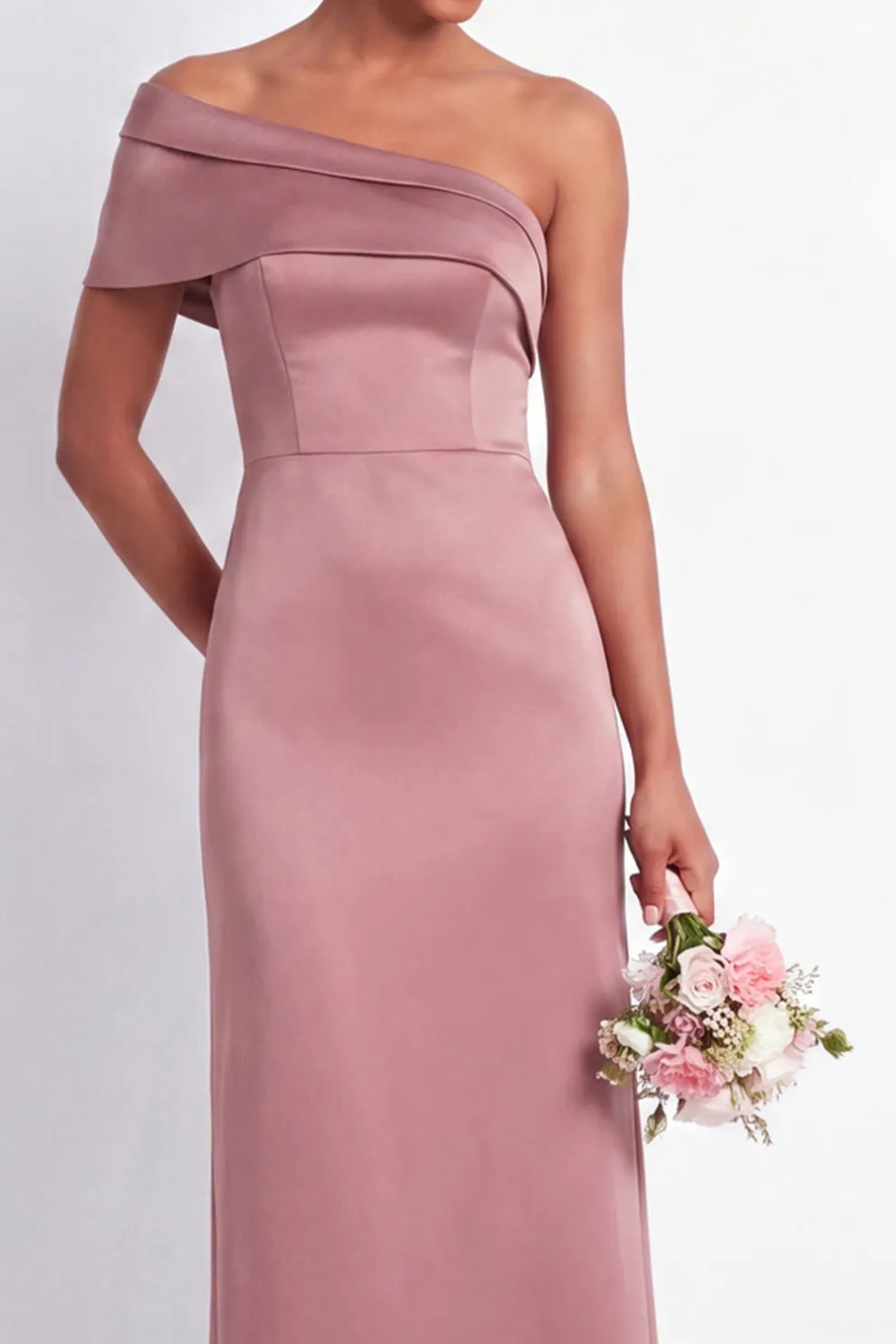 Dusty Sage Mermaid Satin One Shoulder Long Bridesmaid Dress with Back Slit