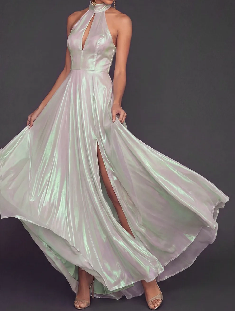 Glitter White Halter A Line Keyhole Maxi Formal Dress with Slit