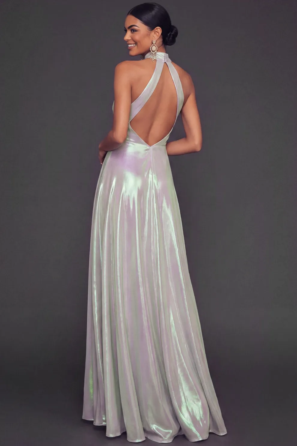 Glitter White Halter A Line Keyhole Maxi Formal Dress with Slit