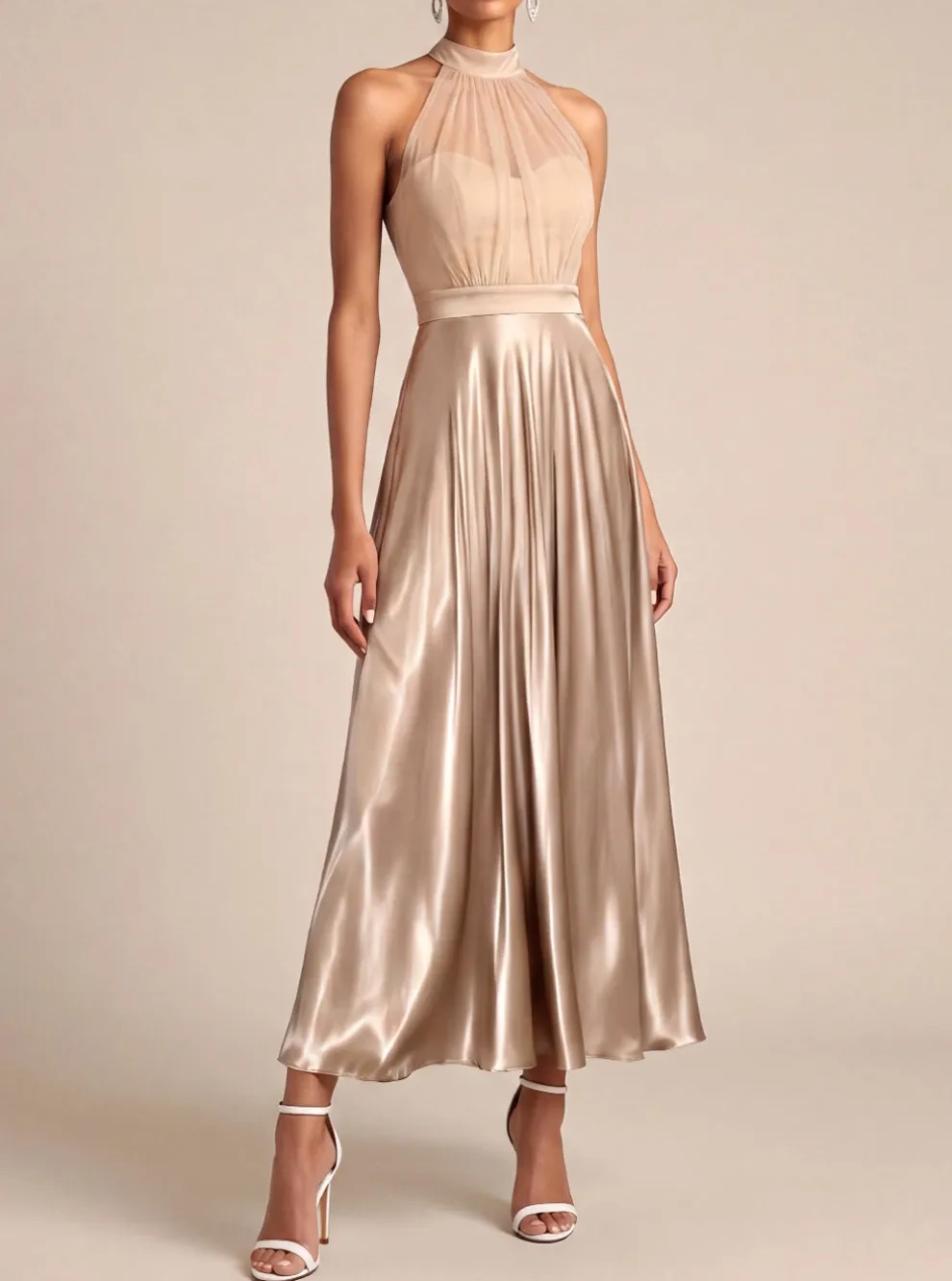 Halter Neck Champagne A Line Long Formal Dress