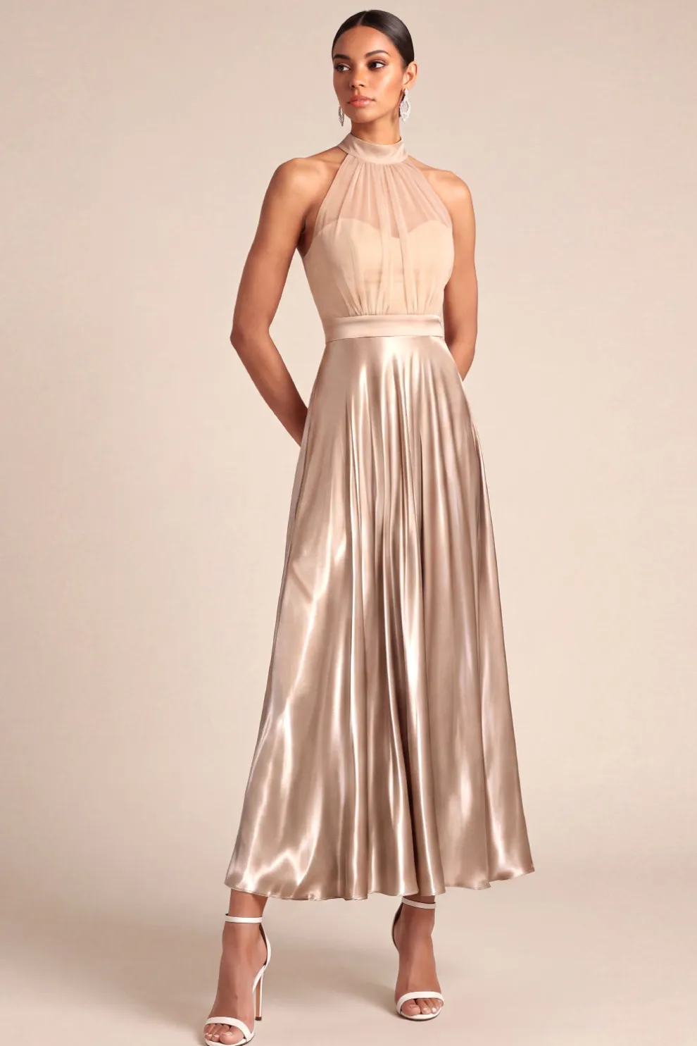 Halter Neck Champagne A Line Long Formal Dress
