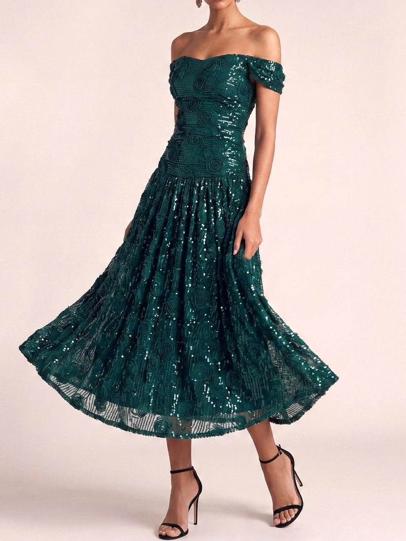 Dark Green Floral Formal Dress Off the Shoulder Appliqued Sequin Pleated Midi Dress