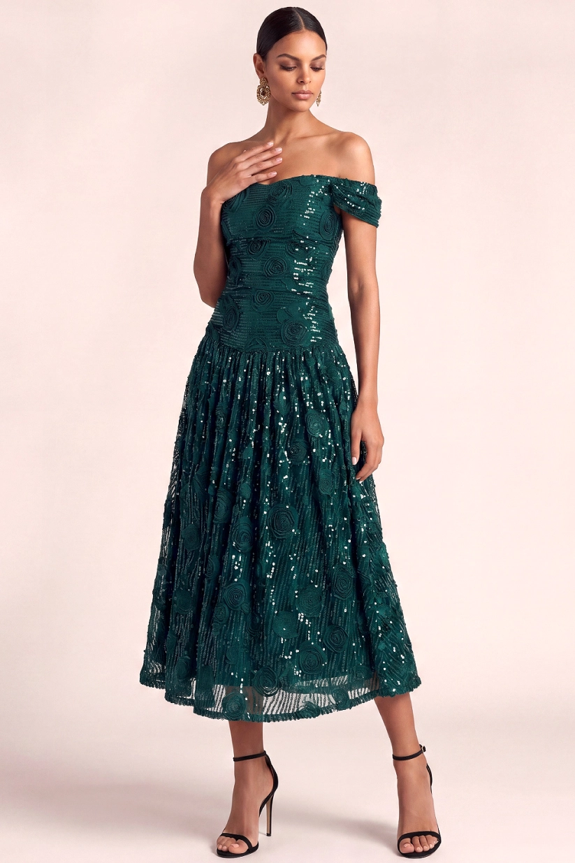 Dark Green Floral Formal Dress Off the Shoulder Appliqued Sequin Pleated Midi Dress