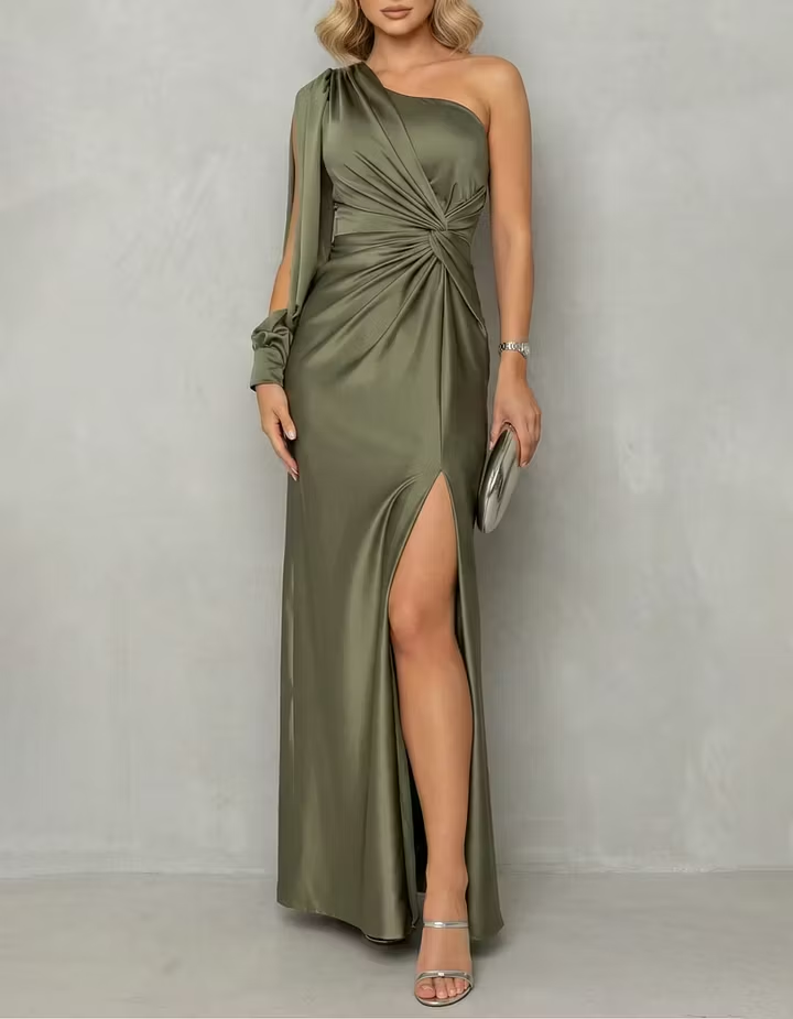 Satin One-Shoulder Hollow-Out Puff Sleeve Slit Maxi Dress