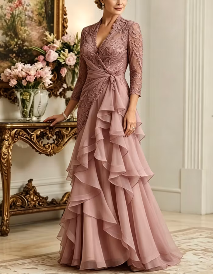 Grey Pink Lace Chiffon Layered Maxi Dress