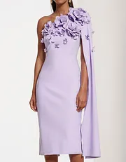 Light Blue One-Shoulder Floral Appliqué Cape Sleeve Midi Dress