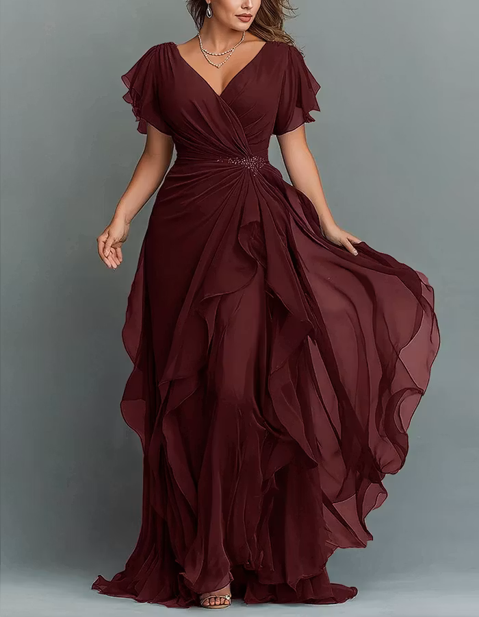 Solid Color V-neck Ruffled Chiffon Maxi Dress