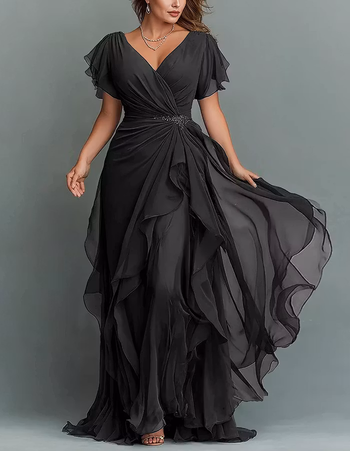 Solid Color V-neck Ruffled Chiffon Maxi Dress