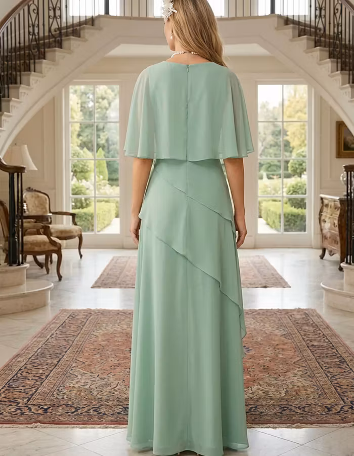 Light Green Round Neck Capelet Chiffon Maxi Dress