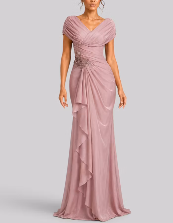 Pink Pleated V-neck Chiffon Maxi Dress
