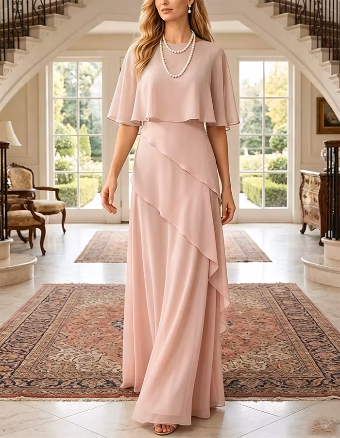 Light Green Round Neck Capelet Chiffon Maxi Dress