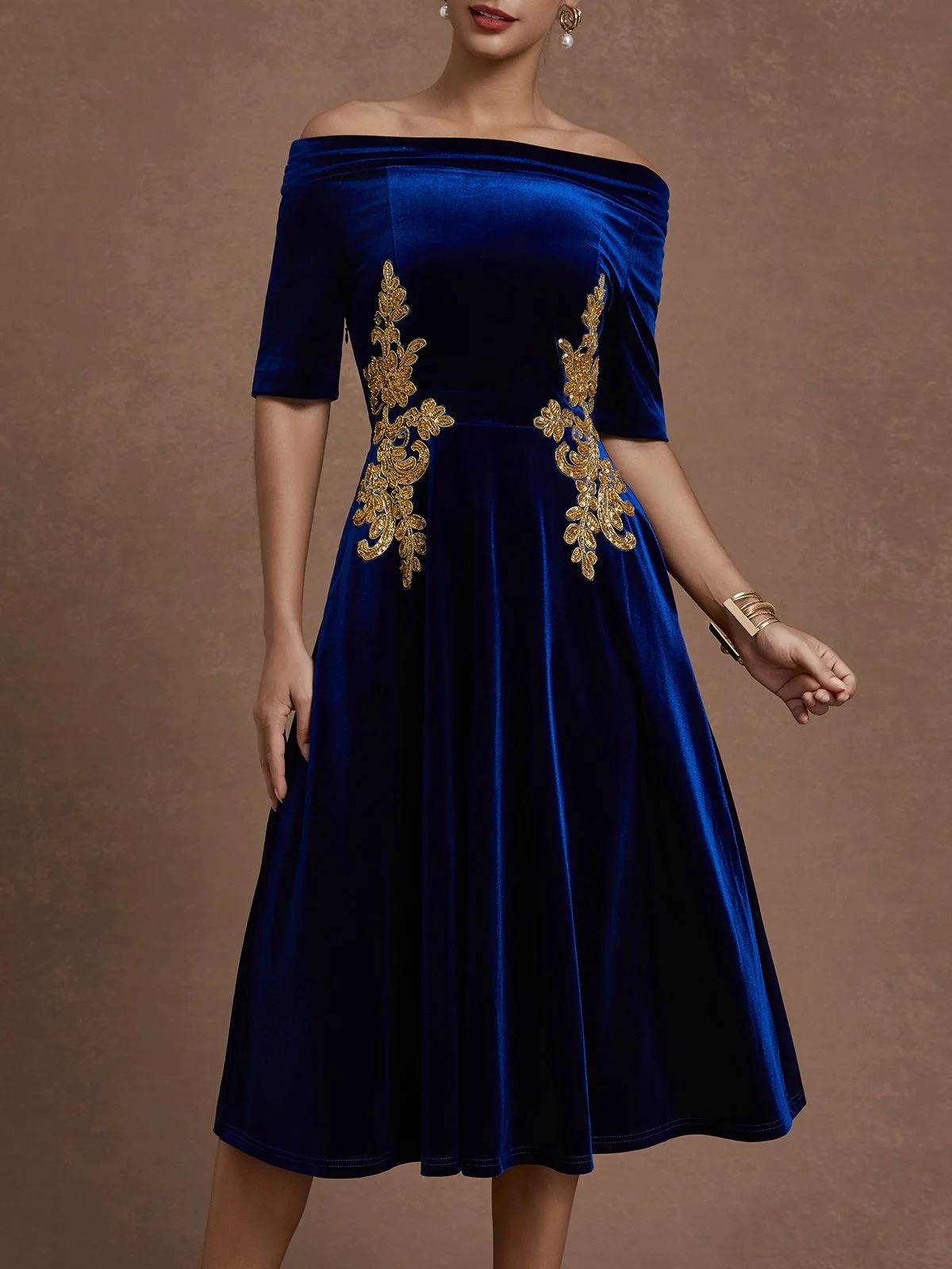 Deep Blue Applique Gathered Velvet Off The Shoulder Half Sleeve A-Line Midi Dress